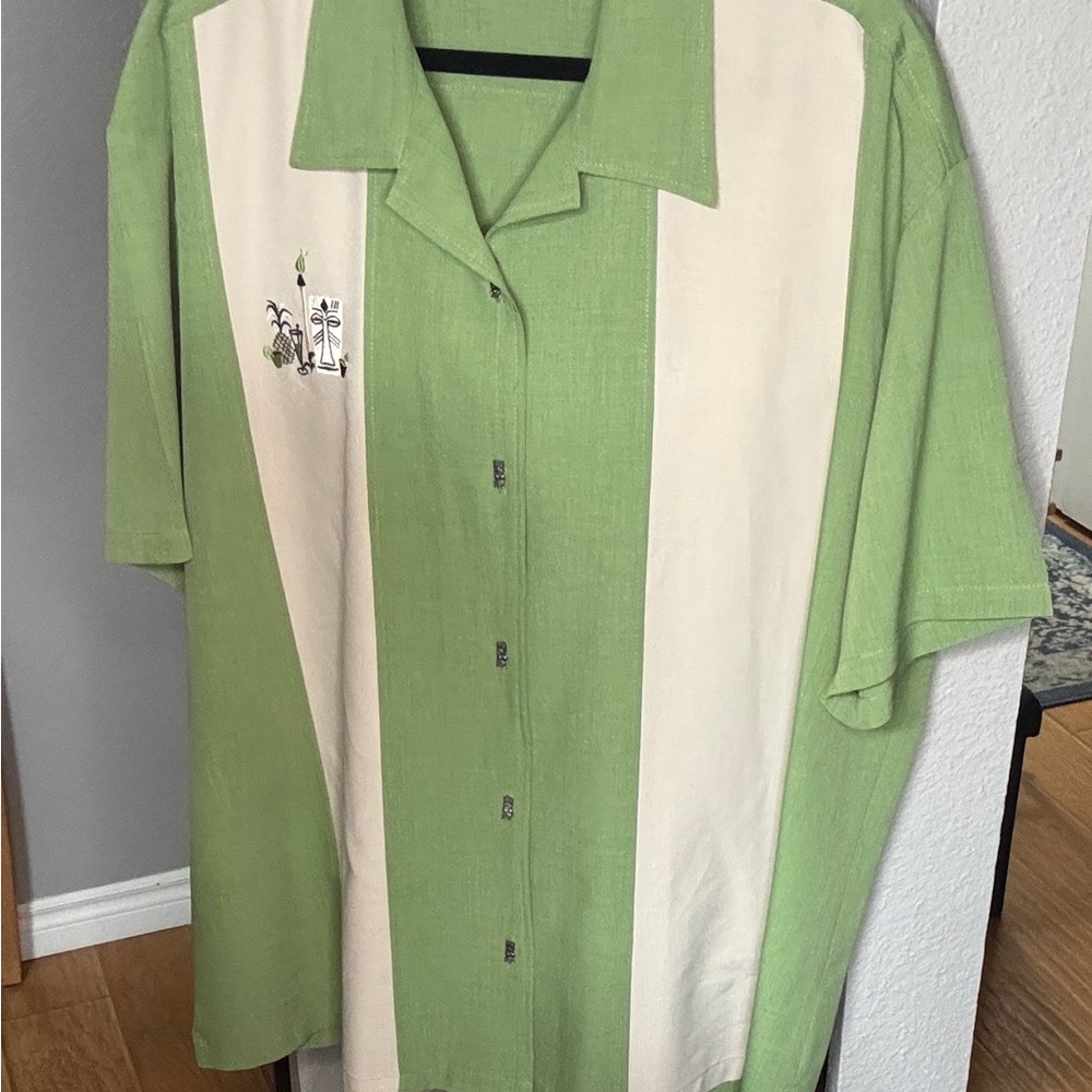 Steady brand Casual Green and Cream Button Down Shirt with tiki buttons